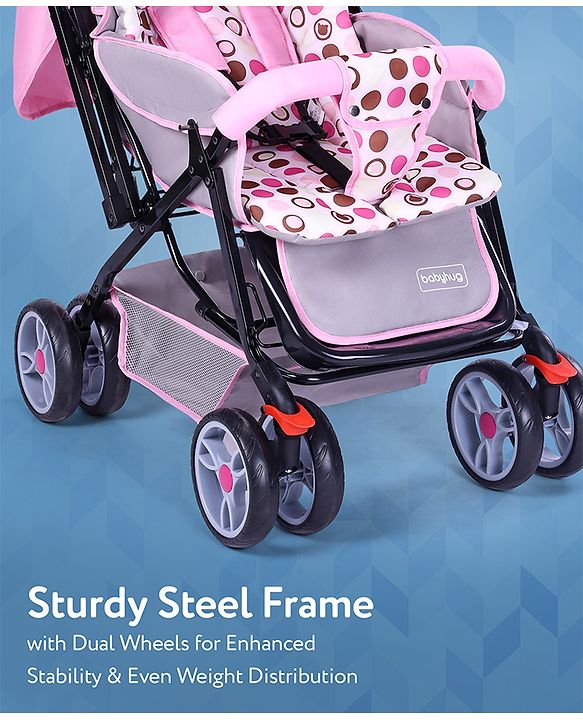 Babyhug Comfy Ride Stroller With Reversible Handle - Pink| Reclining Seat| Adjustable Foot Rest| Padded Cushion| Swivel Lock and Brake| Removable Mosquito Net| Adjustable Canopy| Storage Basket