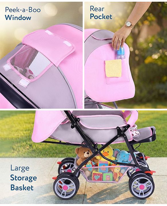 Babyhug Comfy Ride Stroller With Reversible Handle - Pink| Reclining Seat| Adjustable Foot Rest| Padded Cushion| Swivel Lock and Brake| Removable Mosquito Net| Adjustable Canopy| Storage Basket