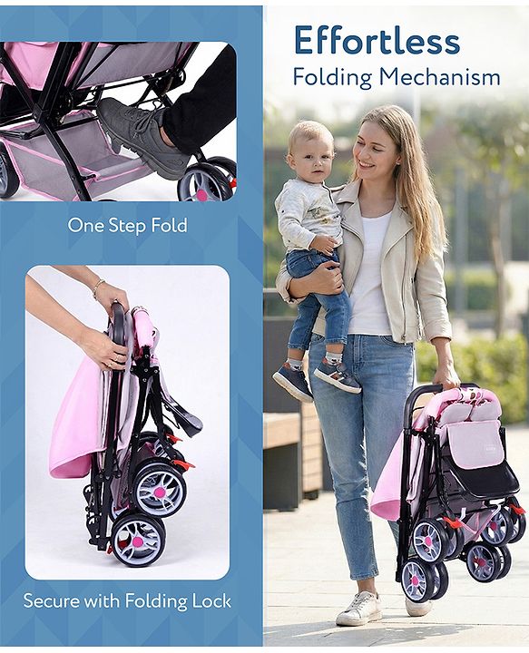 Babyhug Comfy Ride Stroller With Reversible Handle - Pink| Reclining Seat| Adjustable Foot Rest| Padded Cushion| Swivel Lock and Brake| Removable Mosquito Net| Adjustable Canopy| Storage Basket