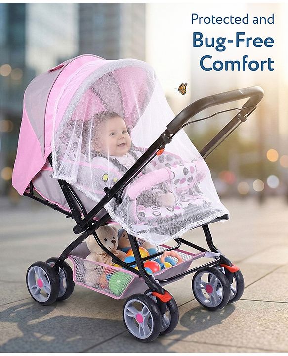 Babyhug Comfy Ride Stroller With Reversible Handle - Pink| Reclining Seat| Adjustable Foot Rest| Padded Cushion| Swivel Lock and Brake| Removable Mosquito Net| Adjustable Canopy| Storage Basket