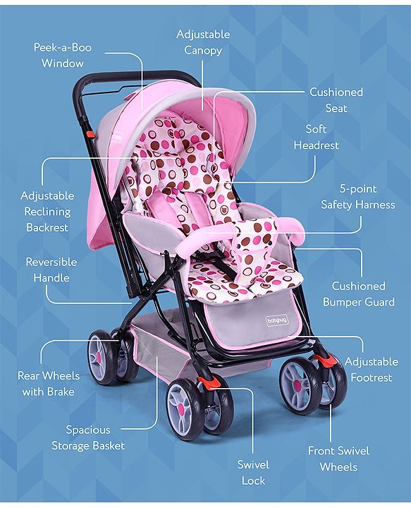 Babyhug Comfy Ride Stroller With Reversible Handle - Pink| Reclining Seat| Adjustable Foot Rest| Padded Cushion| Swivel Lock and Brake| Removable Mosquito Net| Adjustable Canopy| Storage Basket