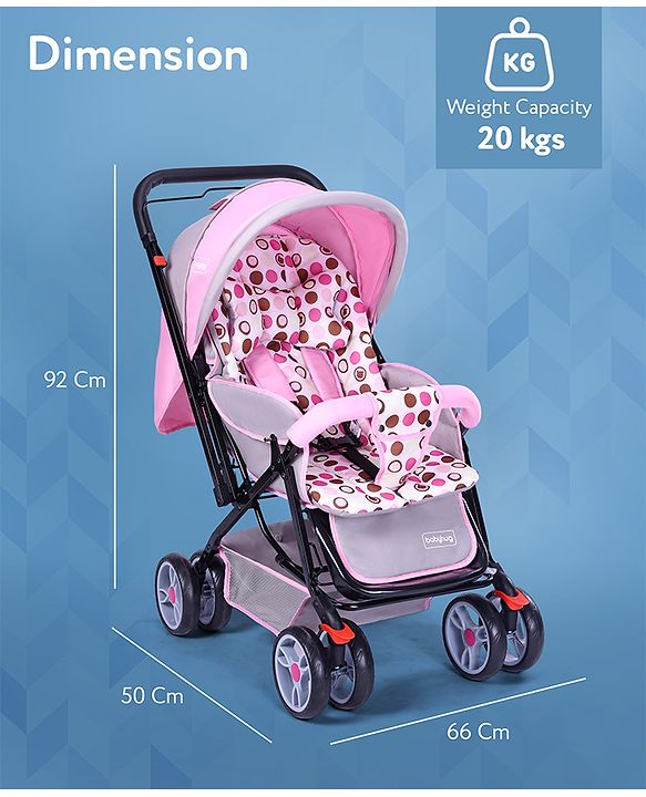 Babyhug Comfy Ride Stroller With Reversible Handle - Pink| Reclining Seat| Adjustable Foot Rest| Padded Cushion| Swivel Lock and Brake| Removable Mosquito Net| Adjustable Canopy| Storage Basket