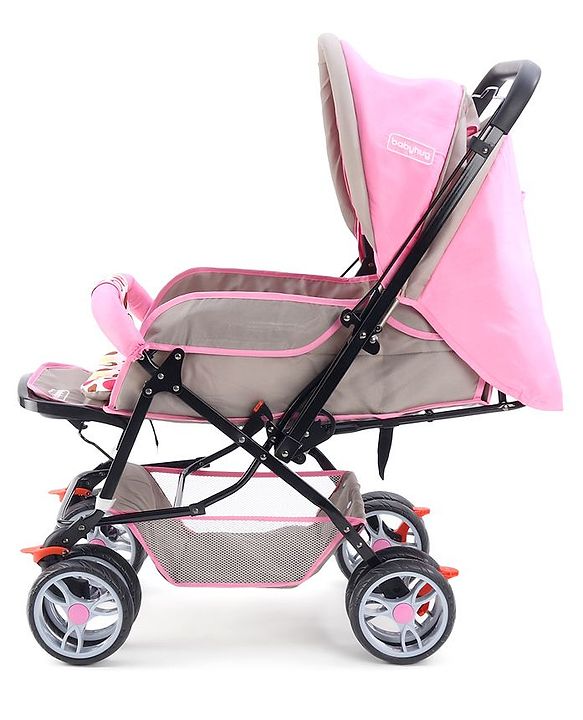 Babyhug Comfy Ride Stroller With Reversible Handle - Pink| Reclining Seat| Adjustable Foot Rest| Padded Cushion| Swivel Lock and Brake| Removable Mosquito Net| Adjustable Canopy| Storage Basket