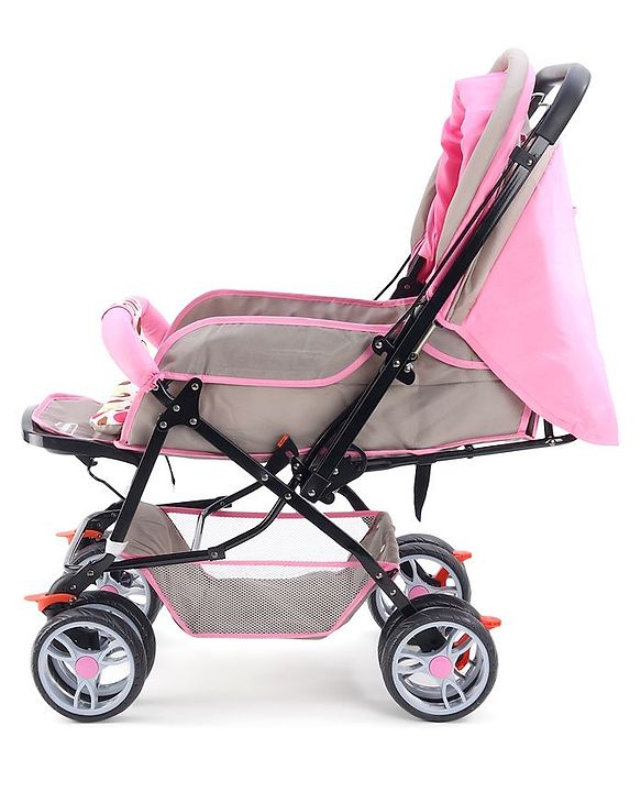 Babyhug Comfy Ride Stroller With Reversible Handle - Pink| Reclining Seat| Adjustable Foot Rest| Padded Cushion| Swivel Lock and Brake| Removable Mosquito Net| Adjustable Canopy| Storage Basket