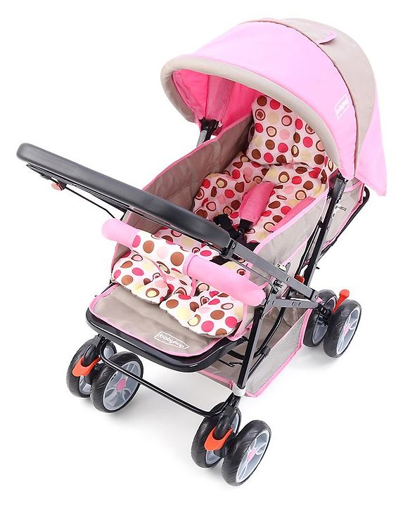 Babyhug Comfy Ride Stroller With Reversible Handle - Pink| Reclining Seat| Adjustable Foot Rest| Padded Cushion| Swivel Lock and Brake| Removable Mosquito Net| Adjustable Canopy| Storage Basket