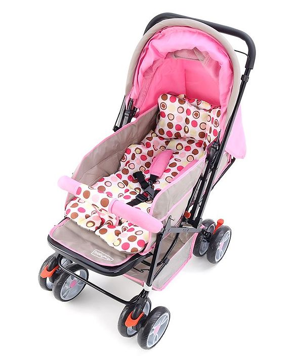 Babyhug Comfy Ride Stroller With Reversible Handle - Pink| Reclining Seat| Adjustable Foot Rest| Padded Cushion| Swivel Lock and Brake| Removable Mosquito Net| Adjustable Canopy| Storage Basket
