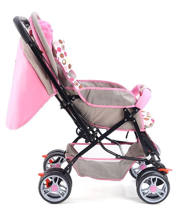 Babyhug Comfy Ride Stroller With Reversible Handle - Pink| Reclining Seat| Adjustable Foot Rest| Padded Cushion| Swivel Lock and Brake| Removable Mosquito Net| Adjustable Canopy| Storage Basket