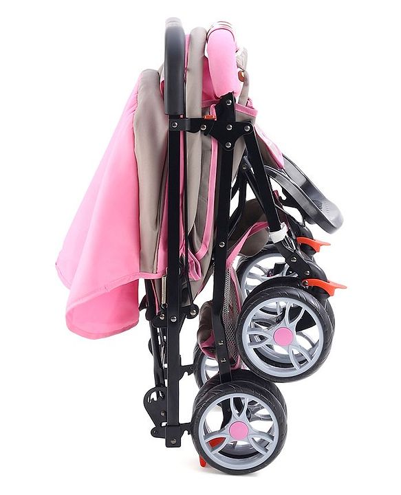 Babyhug Comfy Ride Stroller With Reversible Handle - Pink| Reclining Seat| Adjustable Foot Rest| Padded Cushion| Swivel Lock and Brake| Removable Mosquito Net| Adjustable Canopy| Storage Basket