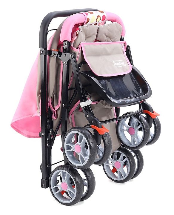 Babyhug Comfy Ride Stroller With Reversible Handle - Pink| Reclining Seat| Adjustable Foot Rest| Padded Cushion| Swivel Lock and Brake| Removable Mosquito Net| Adjustable Canopy| Storage Basket