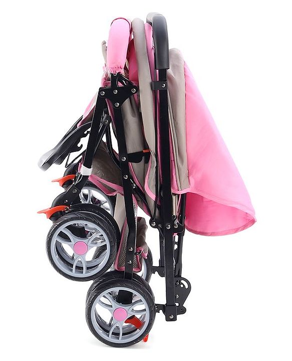 Babyhug Comfy Ride Stroller With Reversible Handle - Pink| Reclining Seat| Adjustable Foot Rest| Padded Cushion| Swivel Lock and Brake| Removable Mosquito Net| Adjustable Canopy| Storage Basket