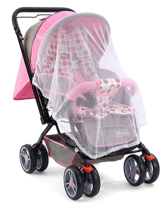 Babyhug Comfy Ride Stroller With Reversible Handle - Pink| Reclining Seat| Adjustable Foot Rest| Padded Cushion| Swivel Lock and Brake| Removable Mosquito Net| Adjustable Canopy| Storage Basket