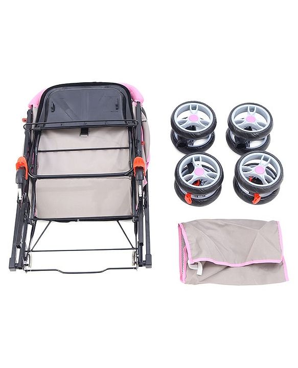Babyhug Comfy Ride Stroller With Reversible Handle - Pink| Reclining Seat| Adjustable Foot Rest| Padded Cushion| Swivel Lock and Brake| Removable Mosquito Net| Adjustable Canopy| Storage Basket