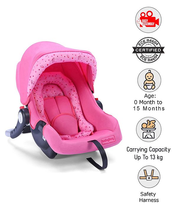 Babyhug Onyx Car Seat Cum Carry Cot With Rocking Base & Aluminium Handle - Pink - 67 x 42 x 55 cm Pink