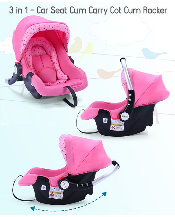 Babyhug Onyx Car Seat Cum Carry Cot With Rocking Base & Aluminium Handle - Pink - 67 x 42 x 55 cm Pink