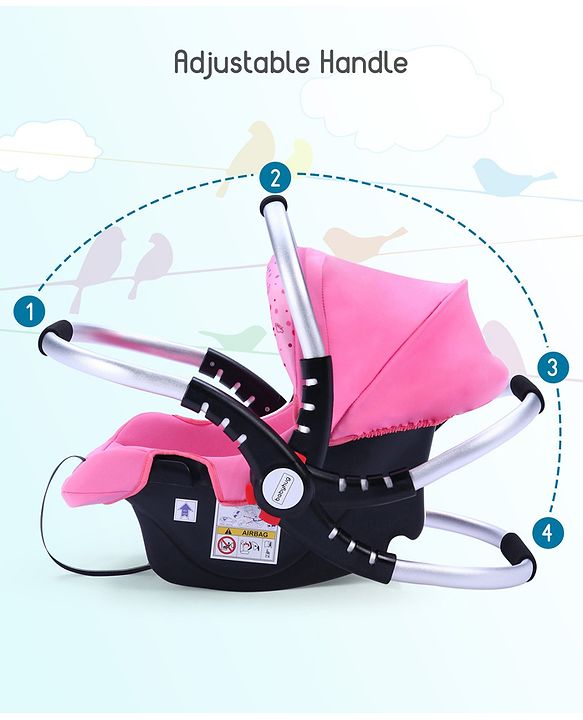 Babyhug Onyx Car Seat Cum Carry Cot With Rocking Base & Aluminium Handle - Pink - 67 x 42 x 55 cm Pink