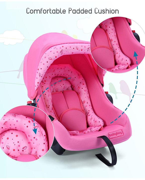 Babyhug Onyx Car Seat Cum Carry Cot With Rocking Base & Aluminium Handle - Pink - 67 x 42 x 55 cm Pink