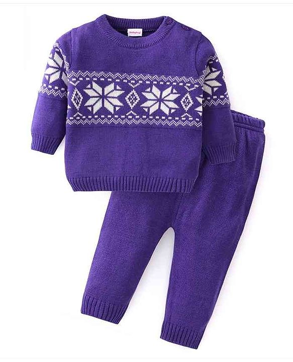 Babyhug Knit Full Sleeves Sweater Set With Floral Design - Purple