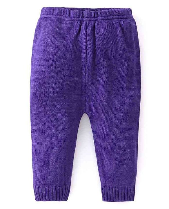 Babyhug Knit Full Sleeves Sweater Set With Floral Design - Purple