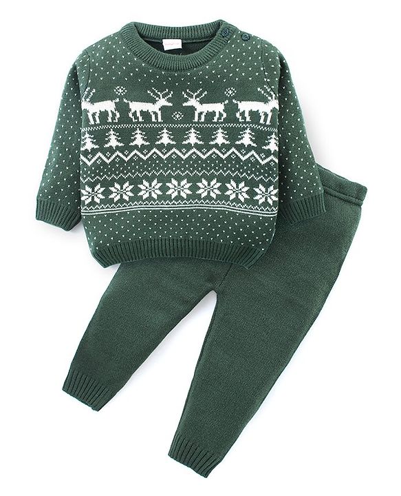 Babyhug Knit Full Sleeves Sweater Set With Reindeer Design - Green