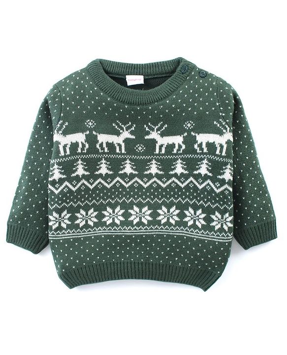 Babyhug Knit Full Sleeves Sweater Set With Reindeer Design - Green