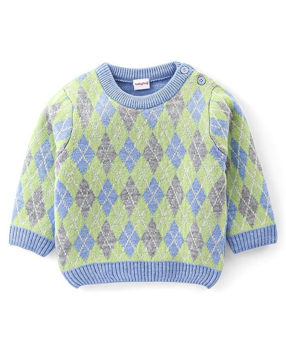 Babyhug Knit Full Sleeves Sweater Set with Argyle Design - Light Blue