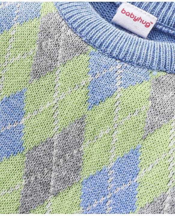 Babyhug Knit Full Sleeves Sweater Set with Argyle Design - Light Blue