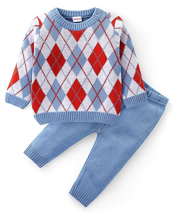 Babyhug Knit Full Sleeves Sweater Set with Argyle Design - Blue