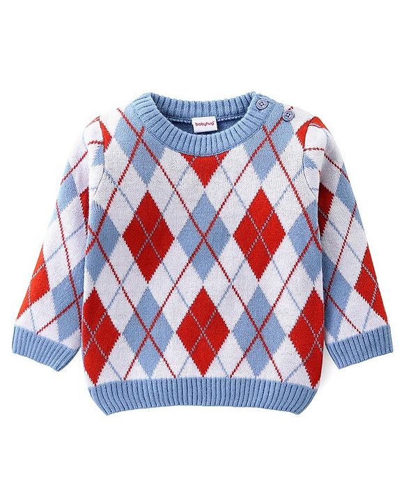 Babyhug Knit Full Sleeves Sweater Set with Argyle Design - Blue