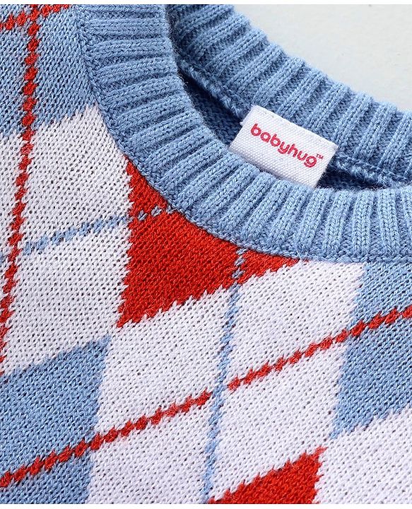 Babyhug Knit Full Sleeves Sweater Set with Argyle Design - Blue