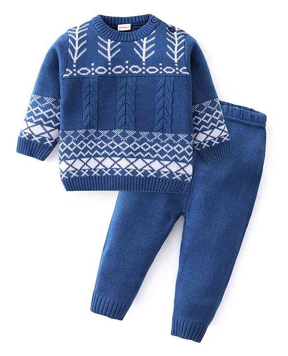 Babyhug Knit Full Sleeves Sweater Set With Cable Knit & Chevron Design - Blue