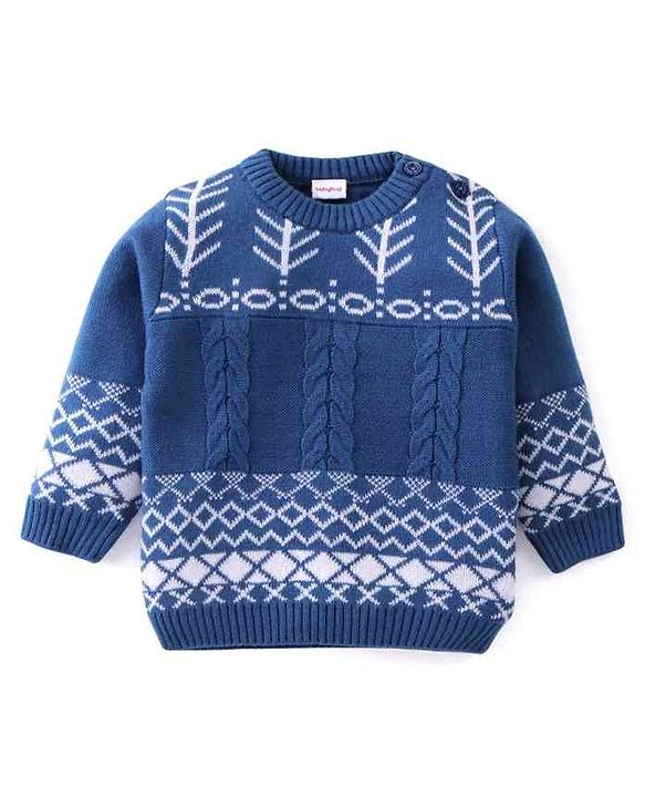 Babyhug Knit Full Sleeves Sweater Set With Cable Knit & Chevron Design - Blue
