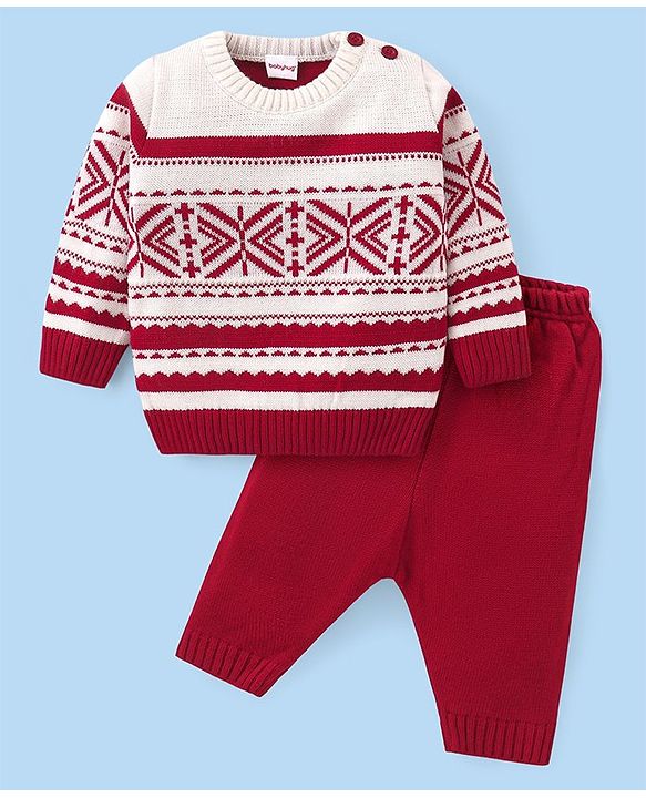 Babyhug Knitted Full Sleeves Pullover   Sweater Set with Aztec Design - Red