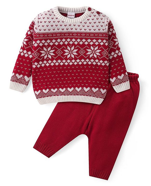 Babyhug Knitted Full Sleeves Pullover   Sweater Set with Intarsia Design - Red