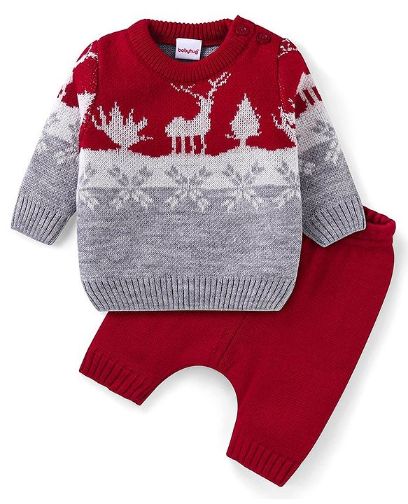 Babyhug Knitted Full Sleeves Christmas Theme Printed Sweater Set - Dark Red & Grey