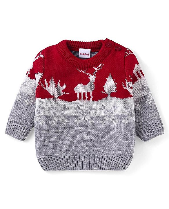 Babyhug Knitted Full Sleeves Christmas Theme Printed Sweater Set - Dark Red & Grey