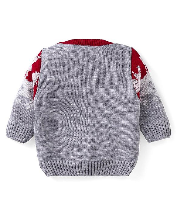 Babyhug Knitted Full Sleeves Christmas Theme Printed Sweater Set - Dark Red & Grey