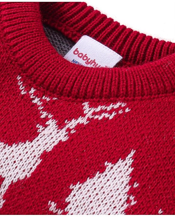 Babyhug Knitted Full Sleeves Christmas Theme Printed Sweater Set - Dark Red & Grey