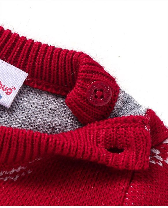 Babyhug Knitted Full Sleeves Christmas Theme Printed Sweater Set - Dark Red & Grey