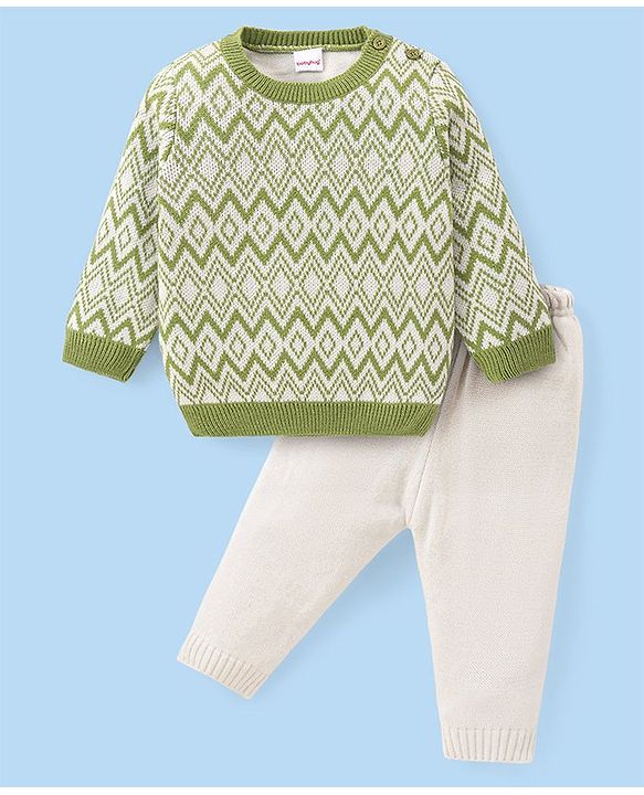 Babyhug Knitted Full Sleeves Sweater Set With Chevron Design - Off White & Green