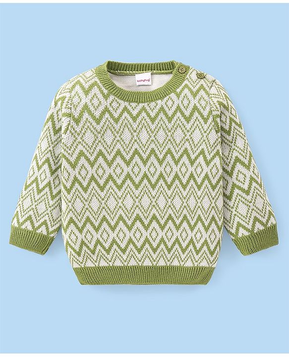 Babyhug Knitted Full Sleeves Sweater Set With Chevron Design - Off White & Green