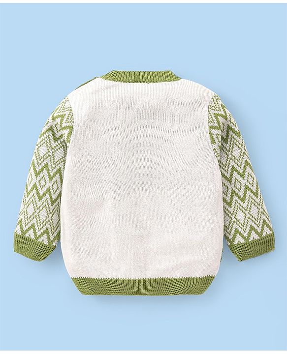 Babyhug Knitted Full Sleeves Sweater Set With Chevron Design - Off White & Green