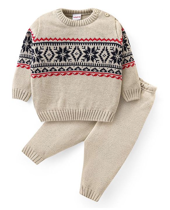 Babyhug Knit Full Sleeves Sweater Set Aztec Design - Beige