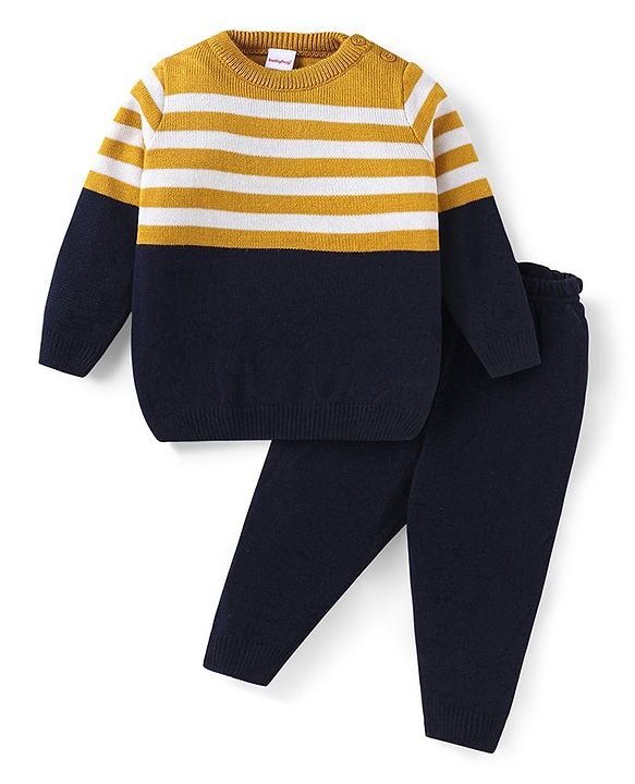 Babyhug Knitted Full Sleeves Pullover Sweater Set with Stripes & Colour Block Design - Mustard