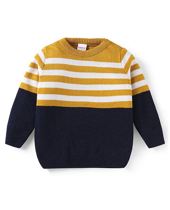 Babyhug Knitted Full Sleeves Pullover Sweater Set with Stripes & Colour Block Design - Mustard