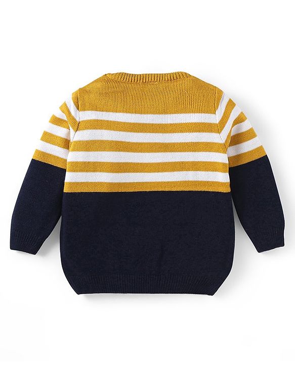 Babyhug Knitted Full Sleeves Pullover Sweater Set with Stripes & Colour Block Design - Mustard