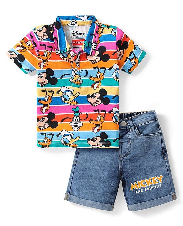 Babyhug Disney Single Jersey Knit Half Sleeve T-Shirt and Denim Shorts with Mickey Mouse Graphics- Multicolor