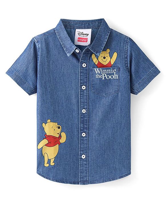 Babyhug Disney  Denim Woven Half Sleeve Regular Collar Shirt with Winnie the Pooh Graphics - Navy Blue