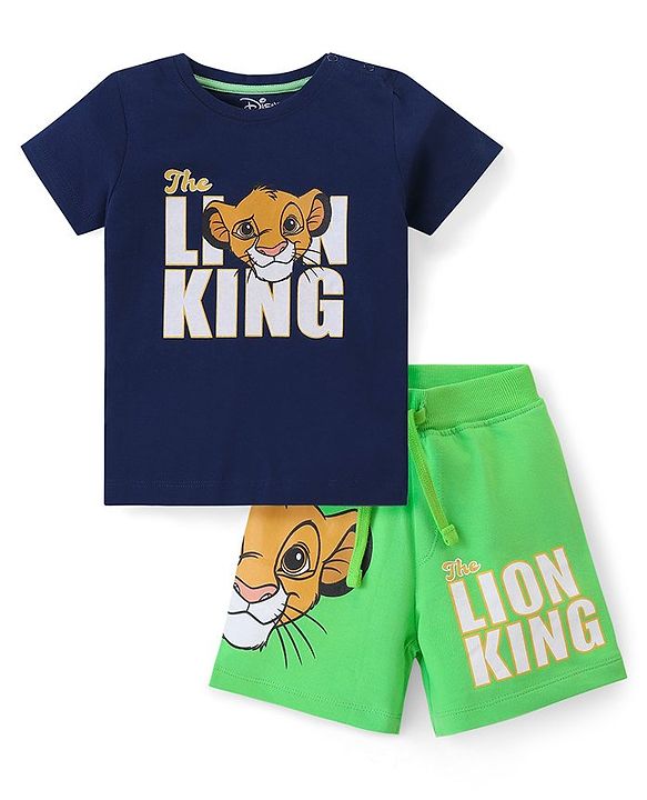 Babyhug Disney Cotton Knit Half Sleeves T-Shirt & Shorts Set With The Lion King Graphics - Navy & Green