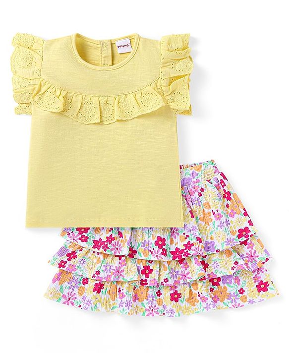 Babyhug Single Jersey Knit Frill Sleeves Solid Colour Top & Floral Printed Layered Skirt - Yellow
