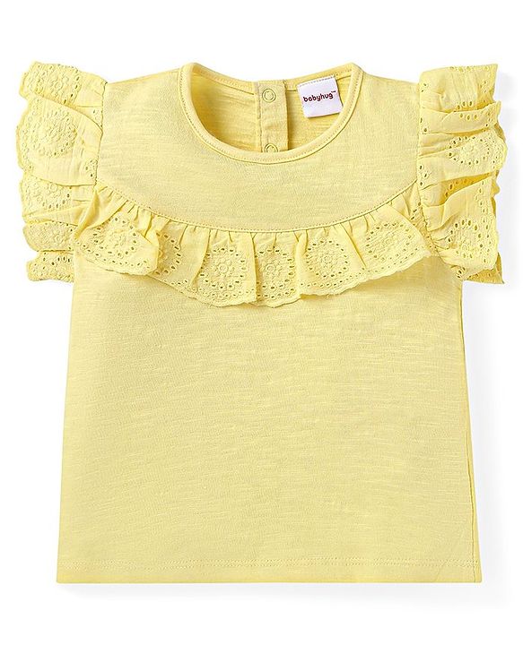 Babyhug Single Jersey Knit Frill Sleeves Solid Colour Top & Floral Printed Layered Skirt - Yellow